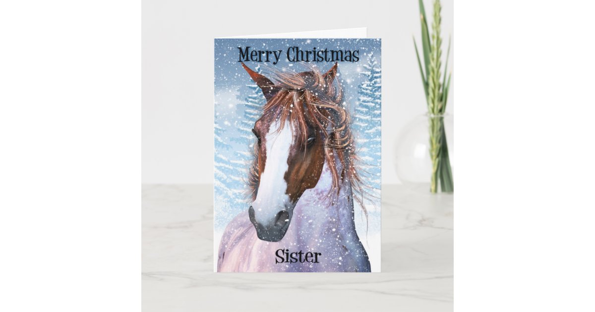Sister Equine Horse With Winter Background Holiday Card Zazzle Com