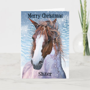 Sister Equine Horse With Winter Background Holiday Card