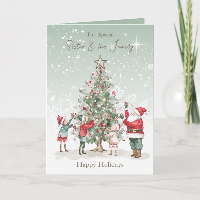 Sister Family Christmas Tree Santa Holiday Card (Front)