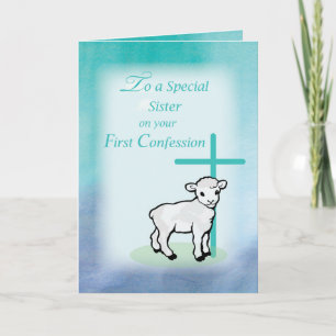 Sister First Confession Lamb Cross on Teal Card
