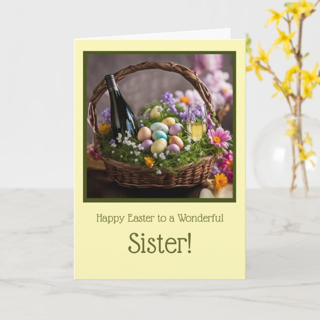 Sister Funny Happy Easter Wine in Easter Basket Card (Yellow Flower)