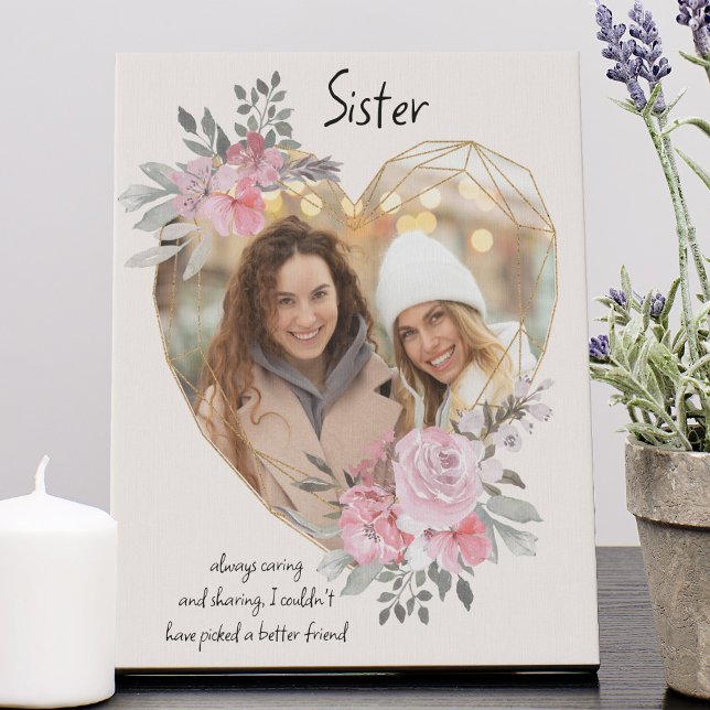 Sister Gold Heart Shaped Pink Floral Photo Faux Canvas Print (Creator Uploaded)