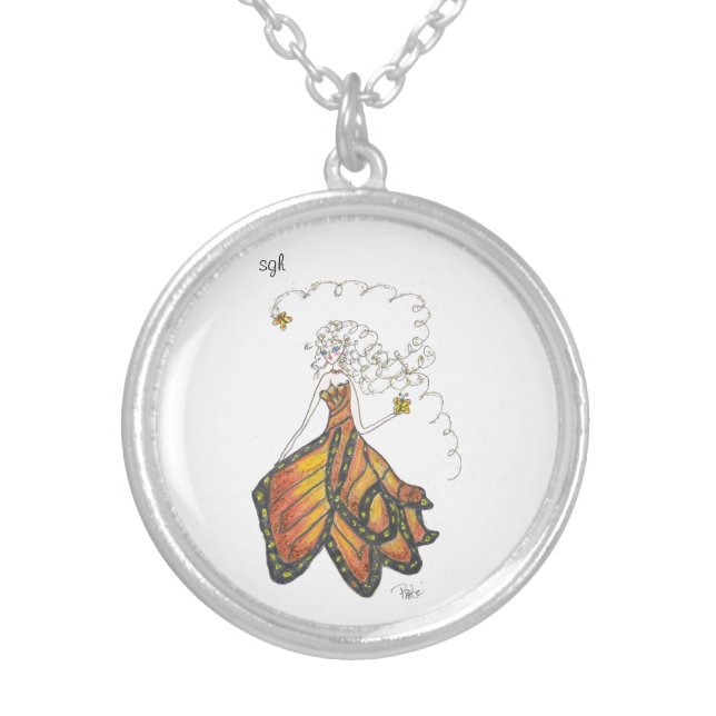 sister golden hair butterfly dress locket silver plated necklace (Front)