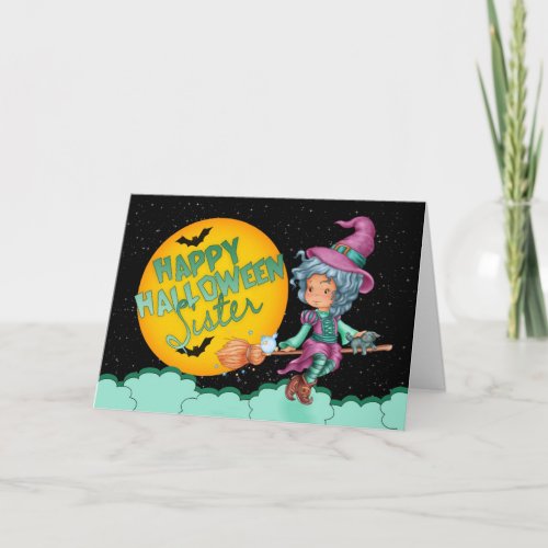 sister halloween card with cute witch on broom
