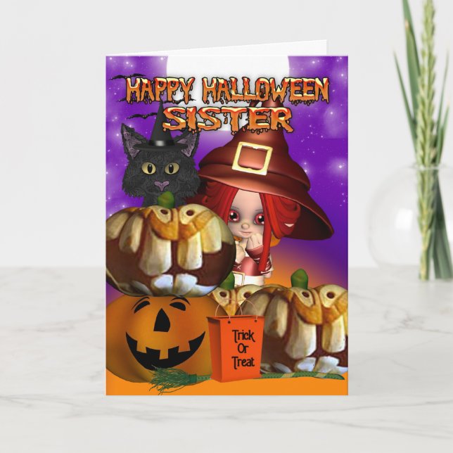 Sister Halloween witch cat pumpkin jack o lantern Card (Front)