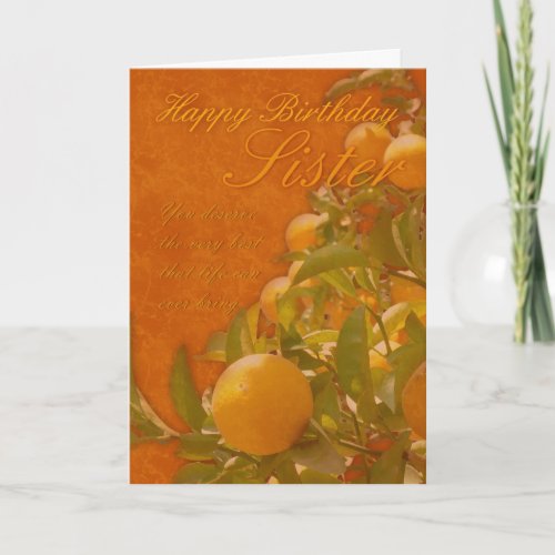 Sister Happy Birthday Spanish Orange Tree burnt o Card