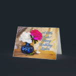 Sister, Happy Birthday with painted roses Card<br><div class="desc">Roses in a vase say Happy Birthday in a romantic way. Original artwork showing two roses in a blue vase with rosebuds lying on the table.</div>