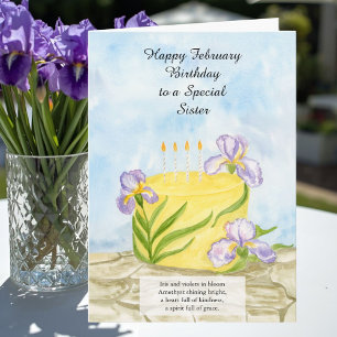 Sister Happy February Irises Birthday Cake Card