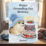 Sister Happy Groundhog Day Birthday  Card<br><div class="desc">This hand-painted watercolor and pen illustration features a cute groundhog peeking out of his den as he reaches for a chocolate and vanilla cake topped with strawberries,  blueberries,  and boysenberries. A funny card for a sister!</div>