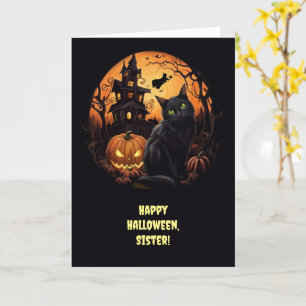 Sister Happy Halloween Cat and Witch With Haunted Card
