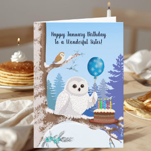 Sister Happy January Birthday Snowy Owl Card