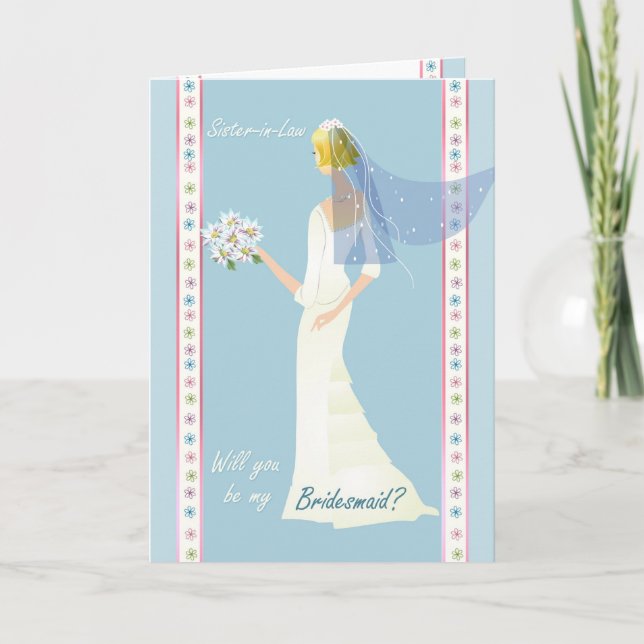 Sister-in-Law Bridesmaid , white dress on blue Invitation (Front)