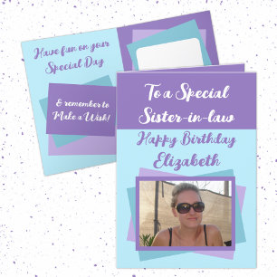 Sister-in-law photo name purple blue birthday card
