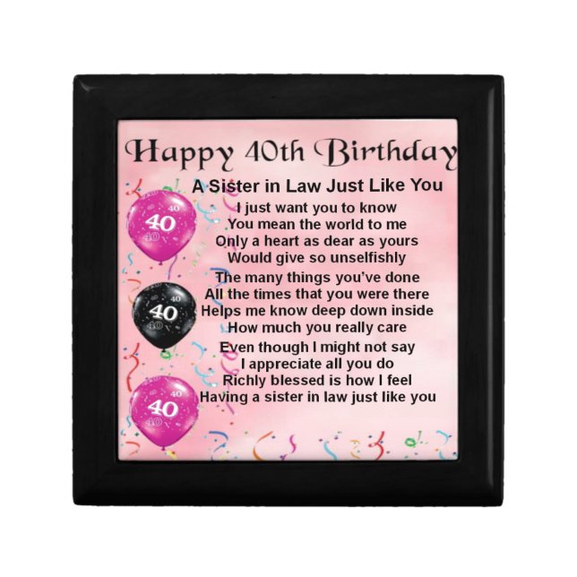 Sister in Law Poem  40th Birthday Jewelry Box (Front)