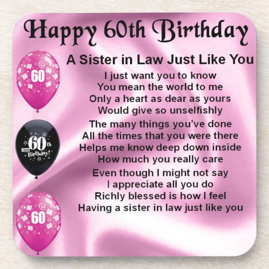 Sister in Law Poem - 60th Birthday Coaster | Zazzle.com