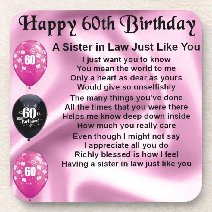 Birthday Poem For Sister In Law Sister In Law Poem - 60Th Birthday Coaster | Zazzle.com