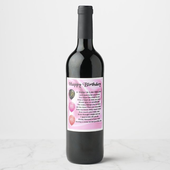 Sister in Law  Poem  Bottle Label  Happy  Birthday (Front)