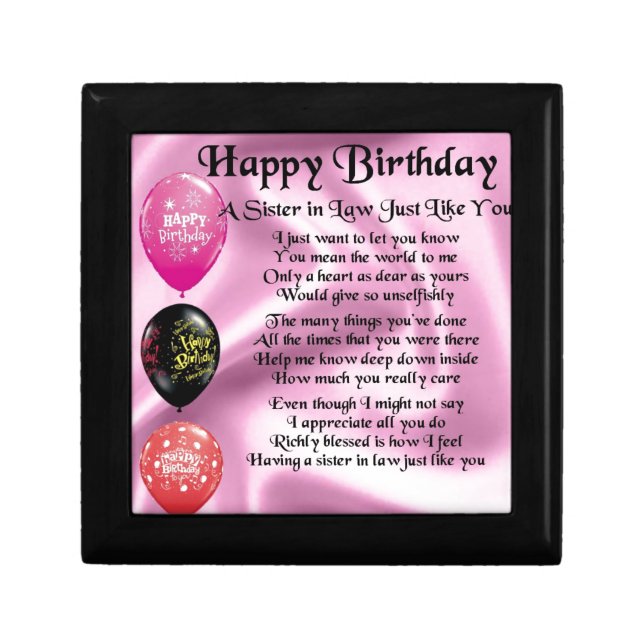 Sister in Law Poem -  Happy Birthday Design Keepsake Box (Front)