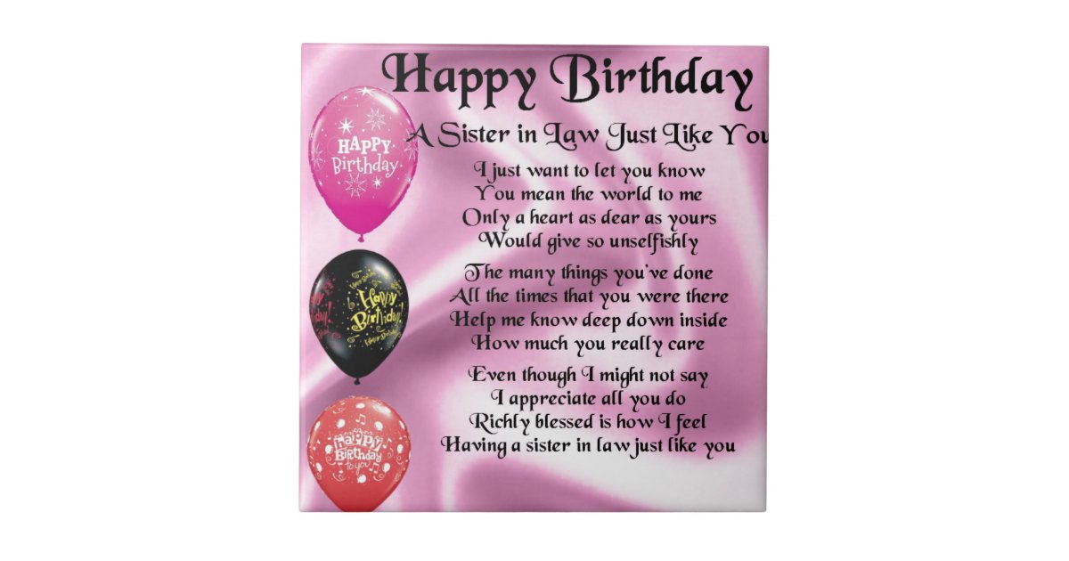 Sister in Law Poem Happy Birthday Design Tile