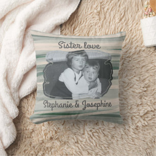Sister love photo keepsake sage green beige stripe throw pillow