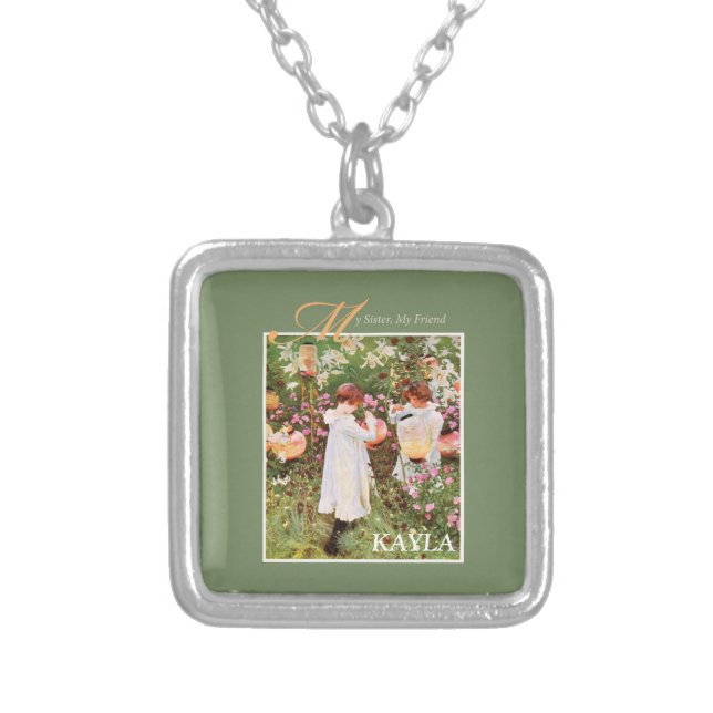 Sister, Mother's Day, Girls in Flower Garden, Gift Silver Plated Necklace (Front)