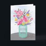 Sister Mother's Day Jar Vase with Flowers Card<br><div class="desc">Celebrate with your Sister on Mother's Day with this pretty mason jar vase of flowers. Sitting on a table with a brown subtle blue striped table cloth. Watercolor looking flowers are soft and cheery for Mother's Day to your sister!</div>