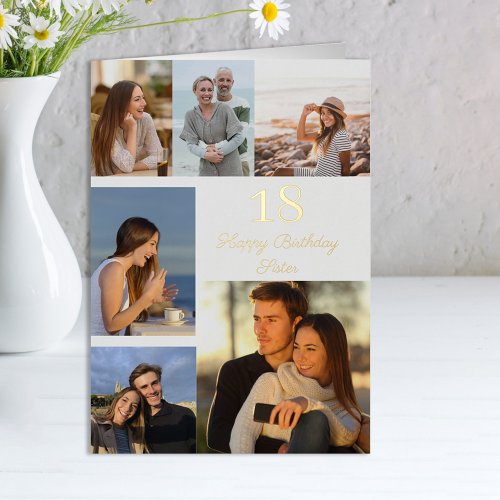Sister Name or Relation 6 Photo Any Age Gold Foil  Foil Greeting Card