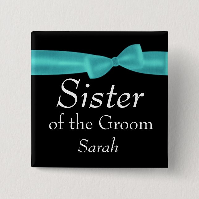 SISTER of Groom Aqua Bow Wedding Custom Name Y138 Button (Front)