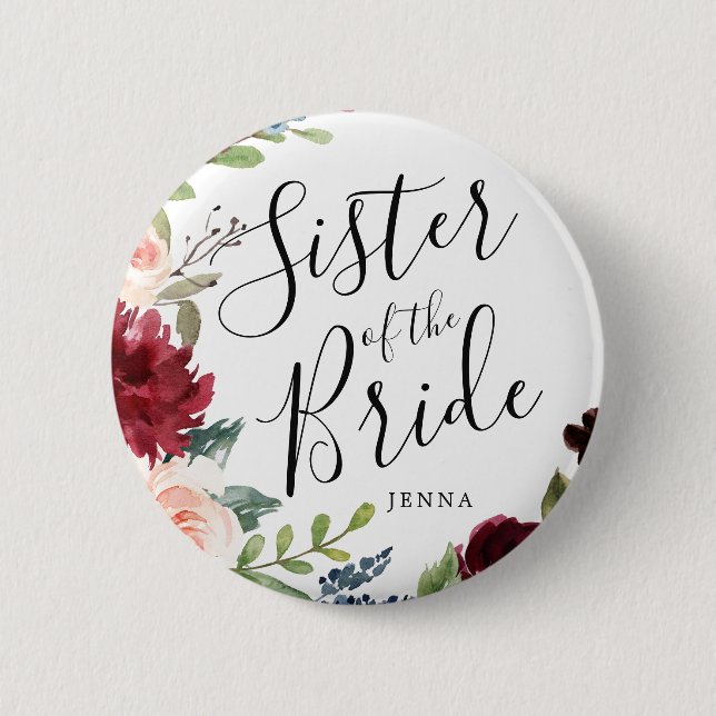 Sister of the Bride | Burgundy Bouquet Wedding Button (Front)