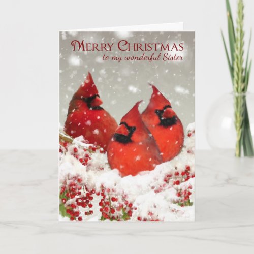 Sister Oil Painted Red Cardinals In Snow Scenery Holiday Card
