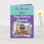 Sister photo name purple green birthday card<br><div class="desc">To a special sister.
Happy birthday.
Add a name and photo.
Purple,  green and mint.</div>