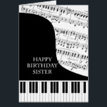 Sister Piano and Music Birthday<br><div class="desc">A birthday card for a sister who is into piano music. A grand piano with the keys along the bottom of the card. A sheet of music fills the background. A great card for someone who loves music. This is NOT a musical card,  it does NOT play music:</div>