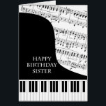 Sister Piano and Music Birthday Cards<br><div class="desc">A birthday card for a sister who is into piano music. A grand piano with the keys along the bottom of the card. A sheet of music fills the background. A great card for someone who loves music. This is NOT a musical card,  it does NOT play music:</div>