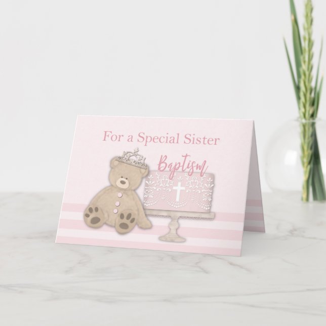 Sister Pink Baptism Cake Teddy Bear and Tiara Card (Front)