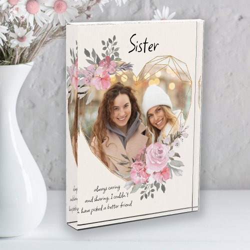Sister Pink Floral Gold Geometric Heart Shaped Photo Block