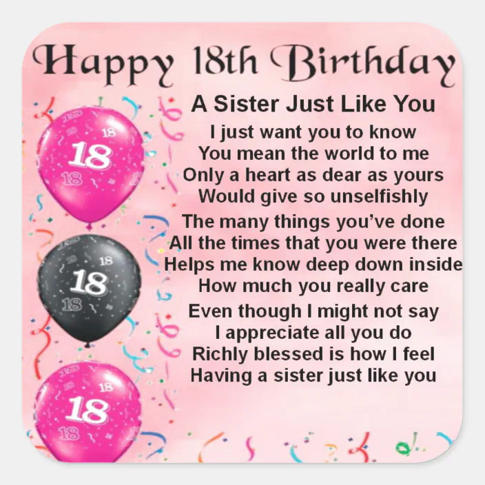 Sister Poem 18th Birthday Design Square Sticker Zazzle Com