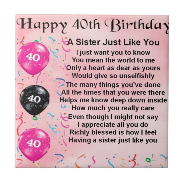 Sister Poem - 40th Birthday Ceramic Tile (Front)