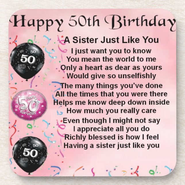 sister poem - 50th birthday design drink coaster (Front)