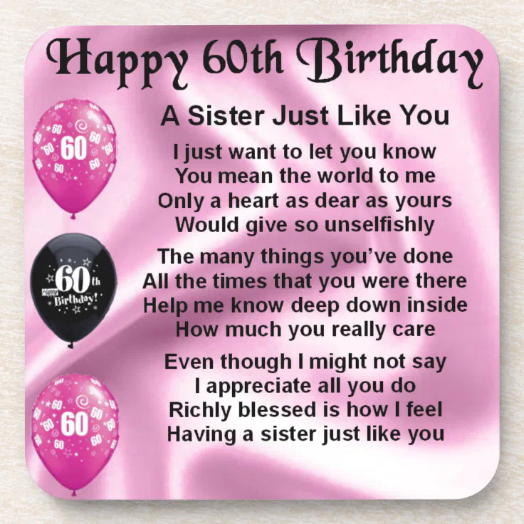 Sister poem - 60th Birthday Drink Coaster | Zazzle