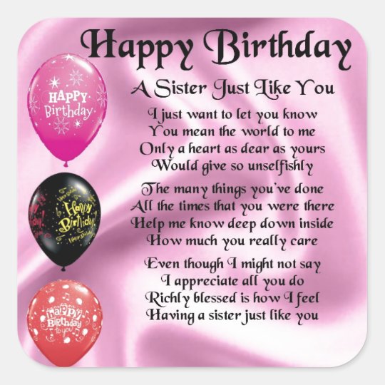 Sister Poem - Happy Birthday Design Square Sticker | Zazzle.com
