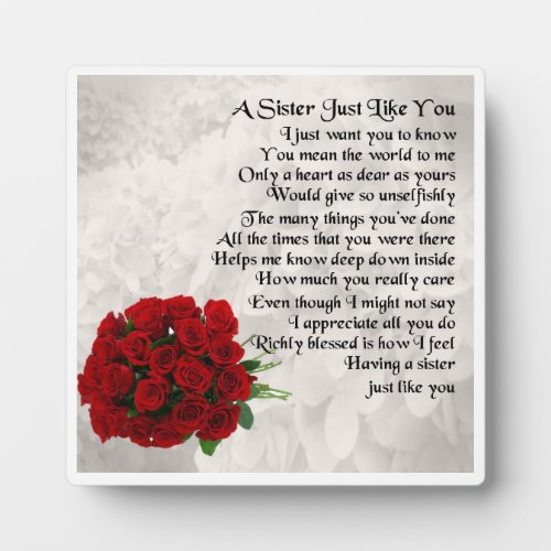 Sister Poem Plaque _  Red  Roses  Design