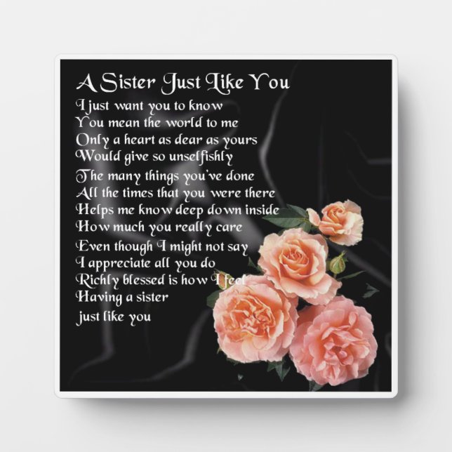 Sister Poem Plaque - Roses on Black Silk  Design (Front)