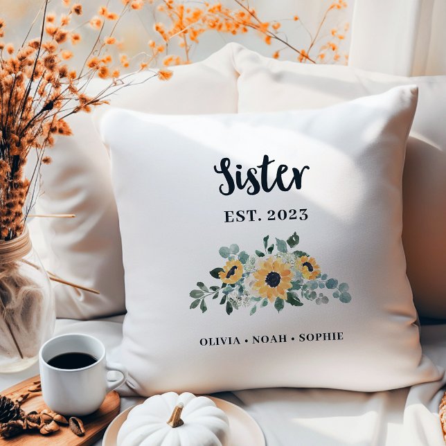 Sister | Pretty Rustic Sunflower and Names Throw Pillow (A pretty, rustic keepsake pillow with sunflowers for your sister)