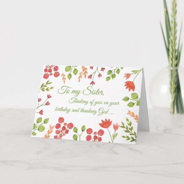 Sister, Watercolor Flowers Religious Birthday Card (Front)