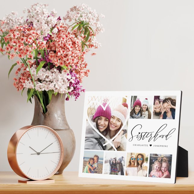 Sisterhood Script BFFs Heart 7 Photo Grid Collage Plaque (Creator Uploaded)