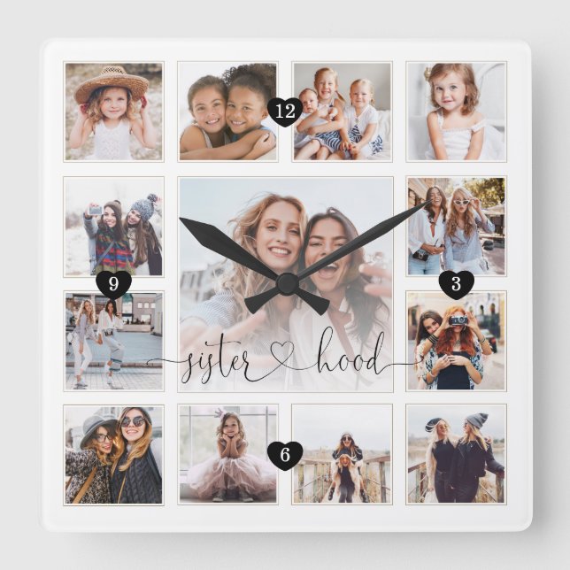 Sisterhood Script Family Memory Photo Grid Collage Square Wall Clock (Front)