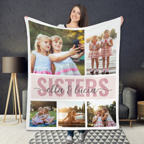 Sisters Add Your Names Photo Collage  Fleece Blanket