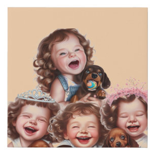 Sisters and dachshund puppies faux canvas print
