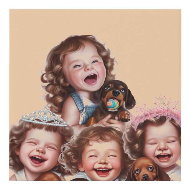Sisters and dachshund puppies faux canvas print (Front)