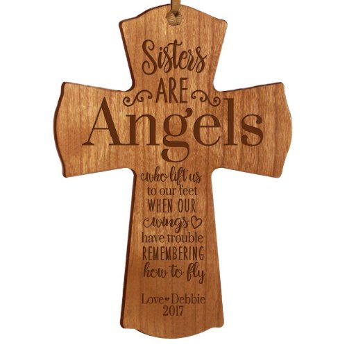 Sisters Are Angels Cherry Wooden Cross Ornament